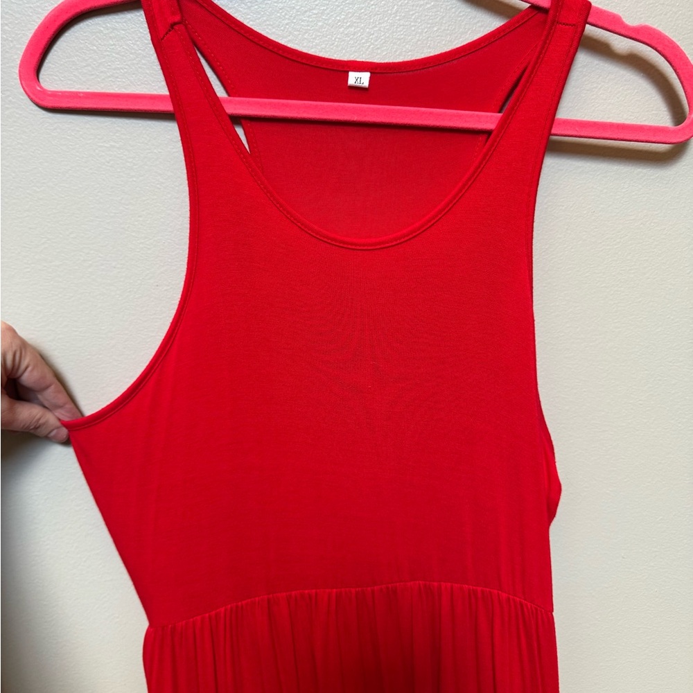 Vibrant Red Sleeveless Maxi Dress with Pockets - Size XL - Long Summer Dress - Picture 5 of 7